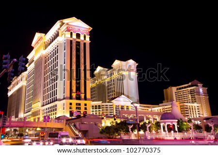 LAS VEGAS, NEVADA - MAY 7:  Caesar\'s Palace on the Vegas Strip in Las Vegas, Nevada on May 7, 2012.  This world class hotel opened in 1966,  continues to expand and currently has six towers.