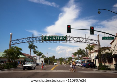 ENCINITAS, CA - AUG 12:  Historic coastal highway, Route 101 in downtown Encinitas, CA on Aug. 12, 2012.  This community is known for its mild climate, surf scene and attracts many visitors.