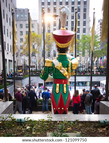 NEW YORK CITY - NOV 30: Toy soldier at Rockefeller Center in NYC on Nov 30, 2012. Declared a National Historic Landmark Rockefeller Ctr. is home to the iconic NYC Christmas Tree and skating rink.