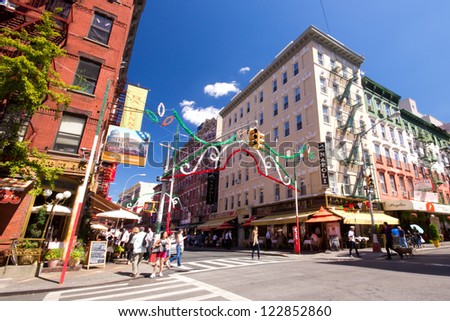 NEW YORK CITY AUG 30 Intersection in historic Little Italy in lower Manhattan on Aug 30 2012 This landmark Italian neighborhood is known for its restaurants and annual Feast of San Genarro NEW YORK CITY AUG 30 Intersection in historic Little Italy in lower Manhattan on Aug 30 2012 This landmark Italian neighborhood is known for its restaurants and annual Feast of San Genarro