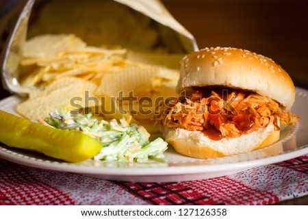Delicious pulled pork sandwich with pickle, cole slaw and potato chips