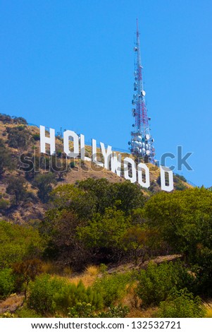 LOS ANGELES, CA - AUG 10:  Landmark Hollywood sign in the Hollywood hills seen on Aug 10, 2012. Erected in 1923 this iconic sign measures 450 feet long, with letters that are 45 feet high.