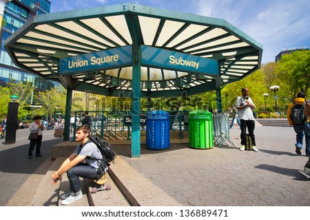 NEW YORK CITY - APR 20: Subway station entrance at Union Square Park in NYC on Apr ll20, 2012. The Union Square - 14th Street subway station is the third largest transportation hub in New York City.