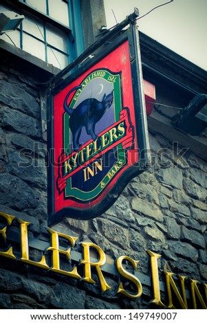Kilkenny, Ireland - Mar 27: Sign At Historic Kytelers Inn In Kilkenny City, Ireland On The Night Of March 27, 2013. This Landmark Medieval Irish Pub Was Established In 1324.