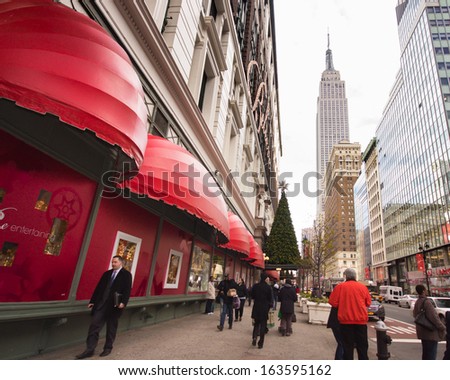 NEW YORK CITY, NY - DEC 2: Macy\'s department store in Herald Square NYC decorated for Christmas on Dec 2, 2011. This Macys is famous for the holiday window displays and annual Thanksgiving Day Parade.