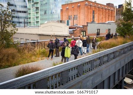 NEW YORK CITY - OCT 25: High Line Park in NYC as seen on Oct. 25, 2012. In 2009 this former elevated freight railroad spur on NYC\'s west side opened as an aerial park garden and continues to expand.