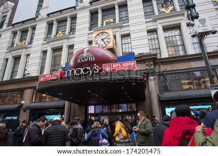 NEW YORK CITY - JAN. 31, 2014:  Macy\'s Herald Square on Broadway takes part in Super Bowl excitement.  To celebrate Super Bowl XLVIII Broadway in Manhattan is transformed to Super Bowl Boulevard.