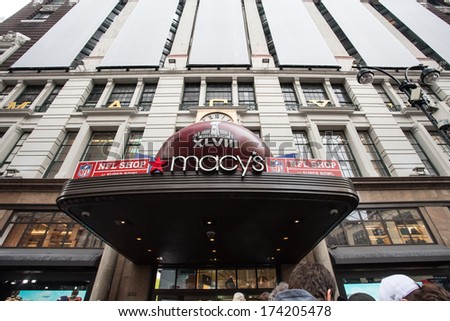NEW YORK CITY - JAN. 31, 2014:  Macy\'s Herald Square on Broadway takes part in Super Bowl excitement.  To celebrate Super Bowl XLVIII Broadway in Manhattan is transformed to Super Bowl Boulevard.
