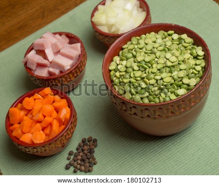 Dried peas and assorted ingredients for pea soup recipe