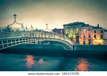Vintage toned view Ha\'Penny Bridge Dublin Ireland