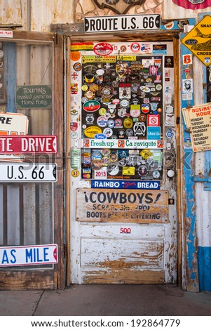 HACKBERRY, AZ - MAY 8, 2014:  Entrance to landmark Hackberry General Store on Route 66 in Arizona.  This roadside service as a  museum for historic Route 66 memorabilia.