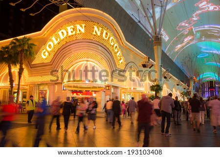 LAS VEGAS, NEVADA - MAY 7, 2014:  Historic Golden Nugget Hotel and Casino on Fremont Street in Las Vegas.  This Vegas landmark was built in 1946.