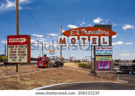 KINGMAN, AZ - MAY 8, 2014:  Route 66 landmark El Trovatore motel in Kingman Arizona.  This historic roadside motel is one of the few pre-World War II Kingman Arizona motels that are still standing.