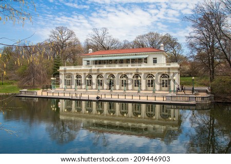BROOKLYN, NY - APRIL  25, 2014: Historic Boathouse on lake at Prospect Park in Brooklyn, NYC.  This landmark boathouse was built in 1905.
