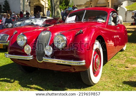 LONG ISLAND, NY - SEPTEMBER 14, 2014:  Classic 1954 XK120 Jaguar on display at auto show on the grounds of the Vanderbilt Mansion.