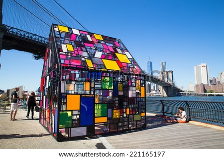 BROOKLYN, NY - SEPT. 27, 2014:  Art installation at Dumbo Arts Festival 2014 seen from Brooklyn Bridge Park.