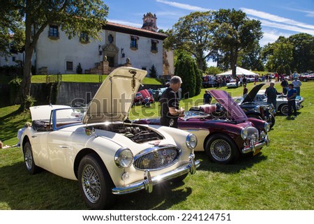 LONG ISLAND, NY - SEPTEMBER 14, 2014: Classic Austin Healey cars on display at auto show on the grounds of the Vanderbilt Mansion.