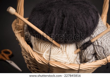 Mohair and yarn with needles in basket