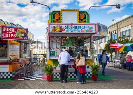 ATLANTIC CITY, NJ - SEPTEMBER 22, 2013:  View of snack concession stand on the Atlantic City boardwalk in New Jersey.