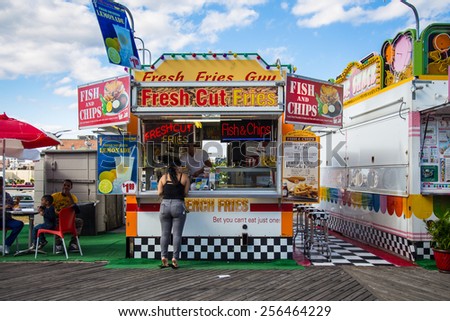 ATLANTIC CITY, NJ - SEPTEMBER 22, 2013:  View of snack concession stand on the Atlantic City boardwalk in New Jersey.