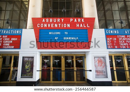 ASBURY PARK, NJ - SEPTEMBER 21, 2013:  Entrance and marquee at the historic Asbury Park Convention Hall on the boardwalk of the Jersey shore.