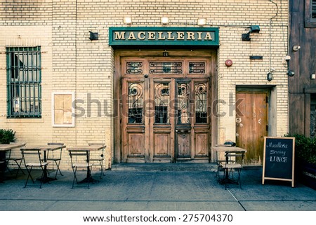 NEW YORK CITY - MARCH 13, 2015: Tourism point of interest location in NYC of view of quaint restaurant in historic Meatpacking District in Manhattan.