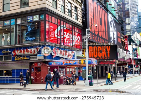 NEW YORK CITY - MARCH 14, 2014:  Street view of Manhattan landmark Ellen\'s Stardust Diner in Times Square.