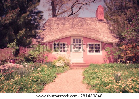 Sunny fairytale style Pink cottage with texture and artistic painterly effect