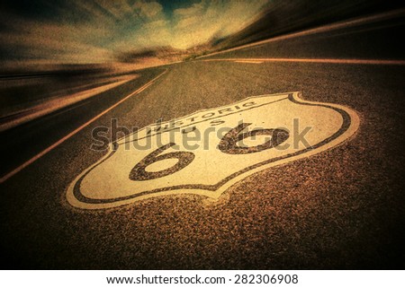 Route 66 road sign with vintage texture effect