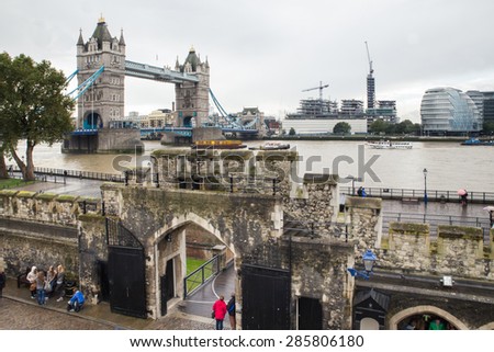 LONDON, UNITED KINGDOM - OCTOBER 8, 2014:  View from Tower of London with Tower Bridge and Victoria Embankment in view.