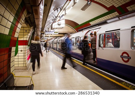 LONDON, UNITED KINGDOM - OCTOBER 8, 2014:  View of subway platform in the London Underground at the Bakerloo Line