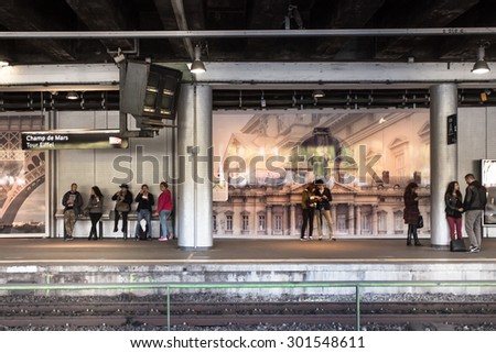 PARIS, FRANCE - OCTOBER 9, 2014:  View of Paris Metro station platform at Champ de Mars, Eiffel Tower.