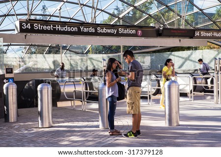 NEW YORK CITY - SEPTEMBER 14, 2015:  View of entrance to new Hudson Yards 7 train subway station which opened Sept. 2015