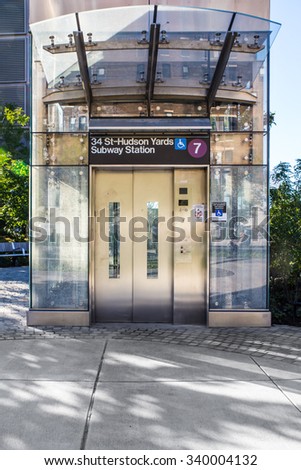 NEW YORK CITY - SEPTEMBER 14, 2015:  View of elevator entrance to new Hudson Yards 7 train subway station which opened Sept. 2015