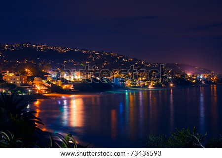 A lovely view of the popular California destination of Laguna Beach, as viewed at night from a distance.