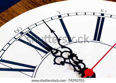 Closeup of hands on a clock just past 12:00