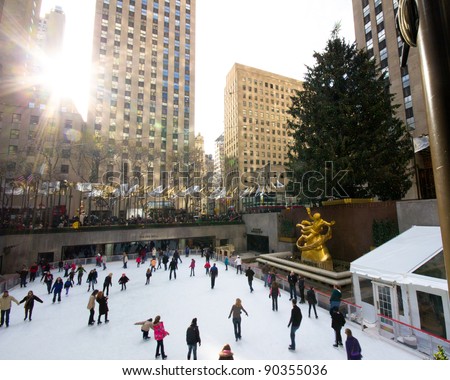 NEW YORK CITY - DEC. 2:  The rink at historic landmark, Rockefeller Center in New York City on Dec. 2, 2011.  Rockefeller Center skating and Christmas tree is holiday tradition in NYC.