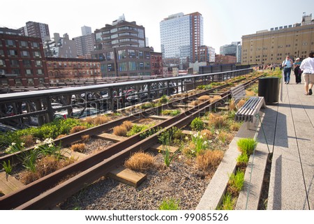 NEW YORK CITY - MAR. 23:  High Line Park in NYC seen on March 23, 2012.The High Line is a public park built on an historic freight rail line elevated above the streets on Manhattans West Side.
