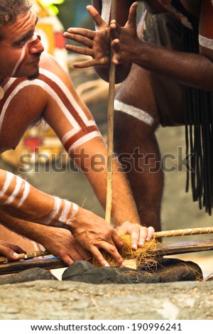 KURANDA, AUSTRALIA - APRIL 18: unidentified aborigines actor at a  performance in the Tjapukai Culture Park on April 18, 2009 in Kuranda, Queensland, Australia