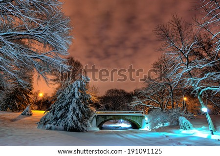 Winterdale Arch in Central Park Under Fresh Snow - New York City, USA