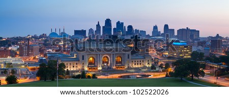 Kansas City skyline panorama. Panoramic image of the Kansas City downtown district at sunrise.
