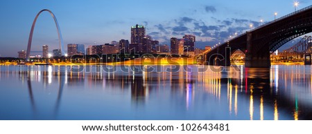 City of St. Louis skyline. Panoramic image of St. Louis downtown with Gateway Arch at twilight.