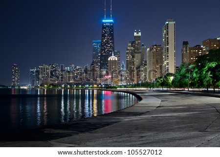 Chicago skyline. Image of the Chicago downtown lakefront at night.