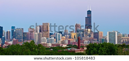 Chicago Skyline. Panoramic image  of Chicago downtown at sunset from high above.