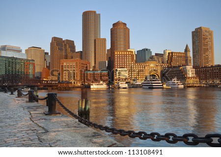 City of Boston. Image of Boston city skyline at sunrise.
