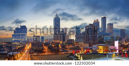 City Of Atlanta. Panoramic Image Of The Atlanta Skyline During Sunrise.