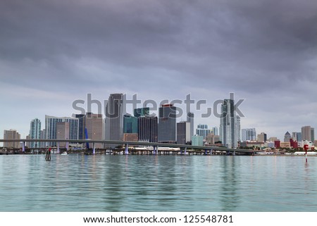 Miami Skyline. Image of Miami downtown skyline during cloudy evening.