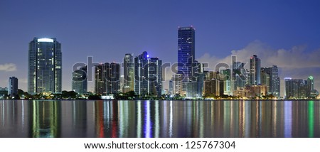 Miami Skyline. Panoramic image of Miami downtown skyline at night.