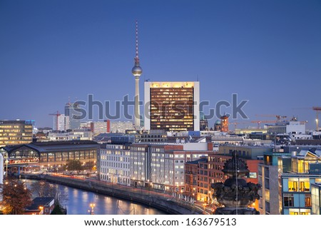 Berlin. Aerial view of Berlin, capital city of Germany, during twilight blue hour.