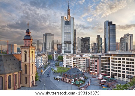 Frankfurt am Main. Image of Frankfurt am Main skyline during dramatic sunset.